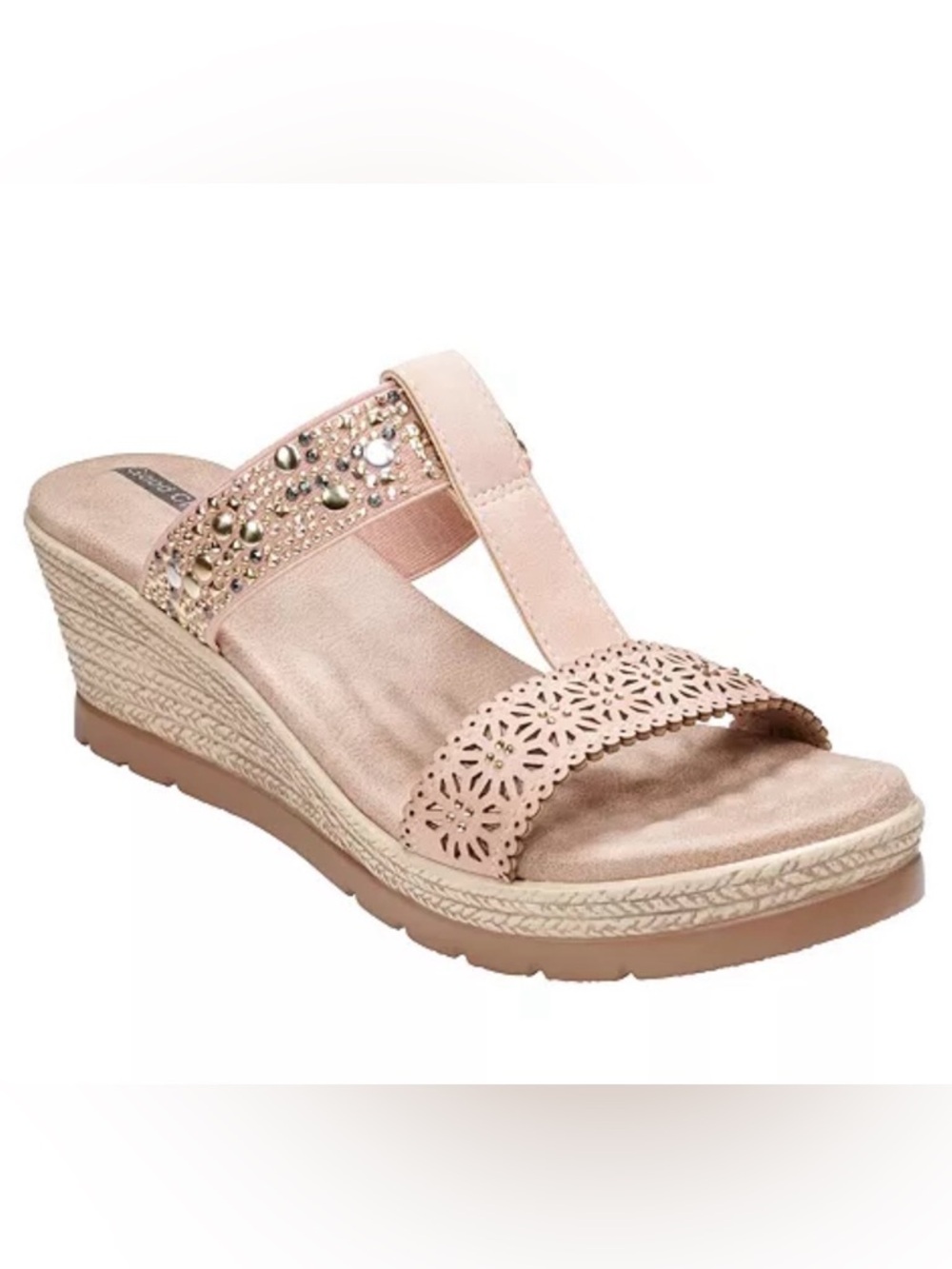 NWT Alena Embellished Rose Wedge Sandal Laser-Cut Strap Metallic Studs Cushion